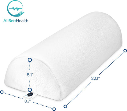 AllSett Health Large Half Moon Bolster Pillow for Legs, Knees, Lower Back and Head, Lumbar Support Pillow for Bed, Sleeping | Semi Roll for Ankle and Foot Comfort - Machine Washable Cover, White