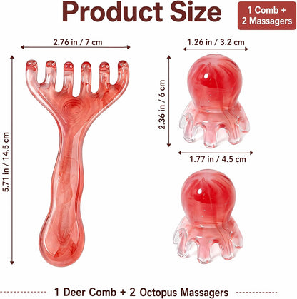3 Pcs Amber Scalp Massager Set with Octopus Tool & Gua Sha Comb