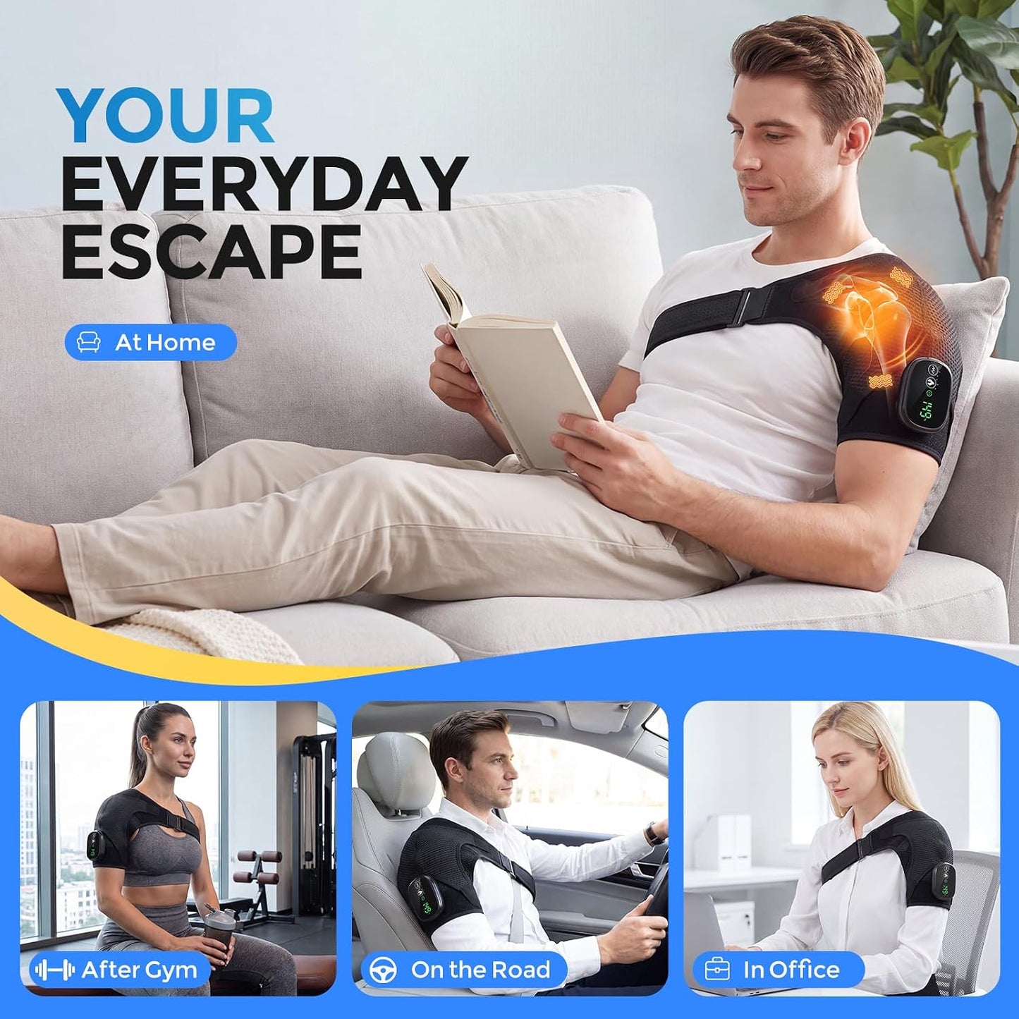 Shoulder Massager for Pain Relief Deep Tissue Shoulder Heating Pad | Cordless Heated Shoulder Brace for Frozen Shoulder & Rotator Cuff 3 Heat & Vibration Modes 5000mAh Rechargeable