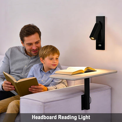 Wall Mounted Reading Light with USB, LED Bedside Reading Light with Switch, Adjustable Recessed Headboard Reading Lights Wall Sconce for Reading, Hardwired Reading Spotlight for Bedroom (Black)