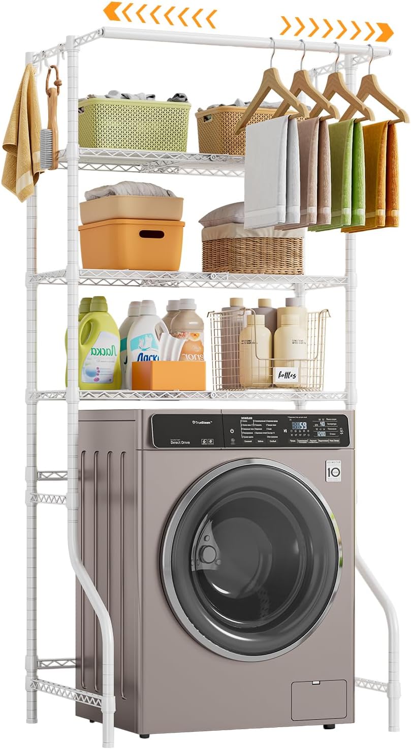 3 Tiers Expandable Over Washer and Dryer Shelves, White | Laundry Room Organization and Storage with Hanger Rod, 4 Hooks, Adjustable Height Metal Freestanding Clothes Drying Rack