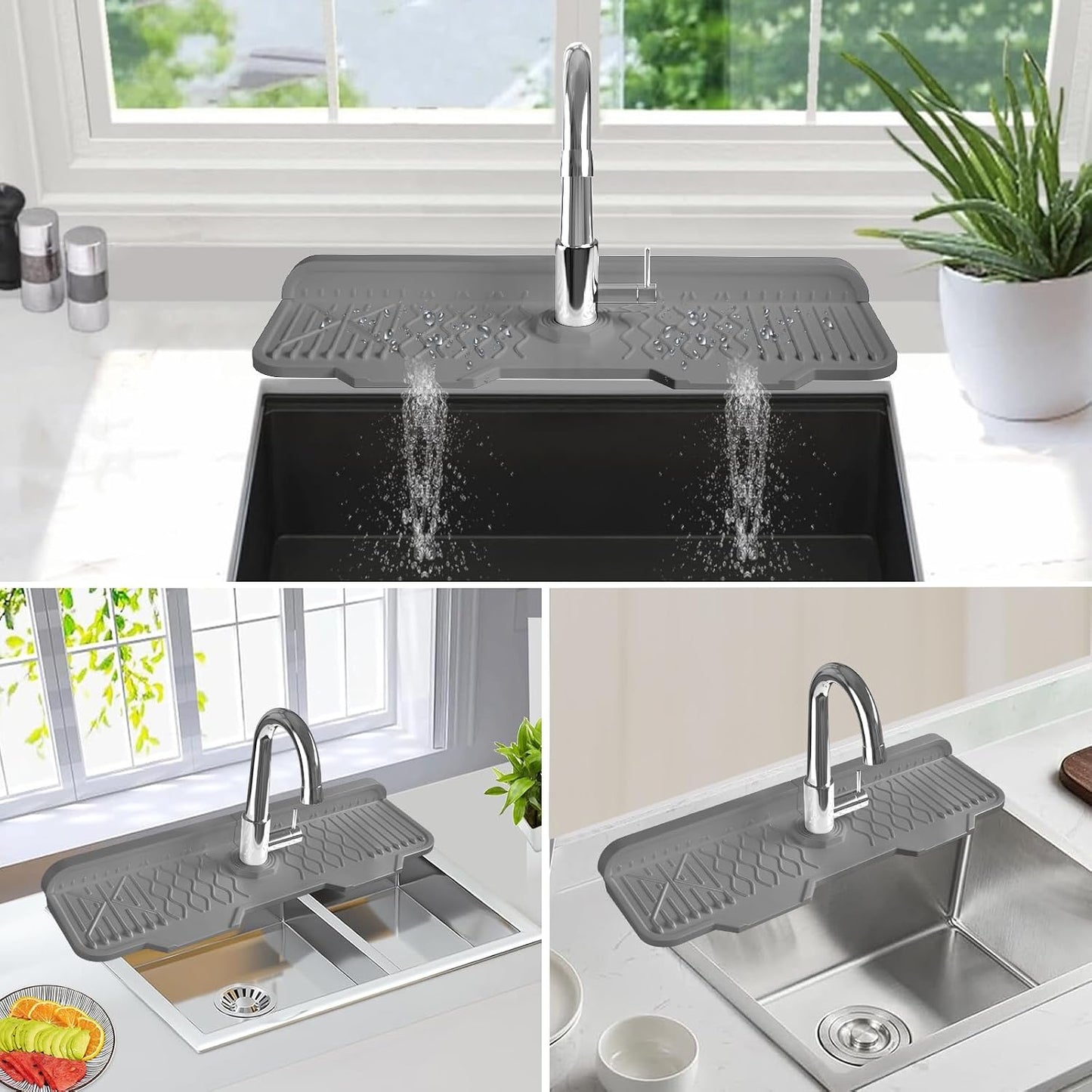 Kitchen Sink Splash Guard Gen2-30" x 6'' Silicone Sink Mat Splash Guard fit for Countertop, Bathroom,Farmhouse,RV by EBIGIC (Grey)