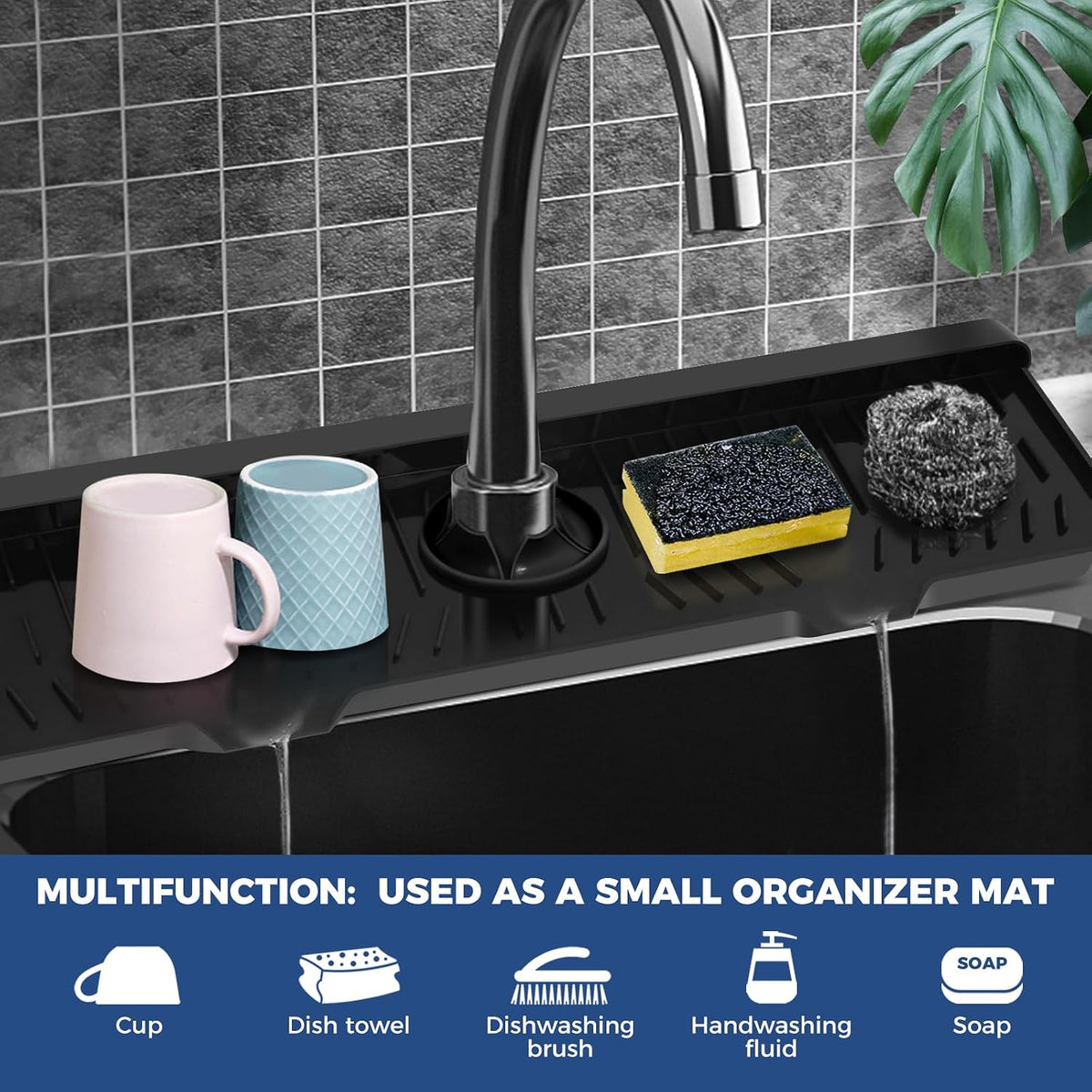BFONS Silicone Faucet Handle Drip Catcher Drying Tray Mat Dish Soap Sponge Holder Accessories Gadgets for Kitchen Counter Bathroom Kitchen Sink Splash Guard -Grey