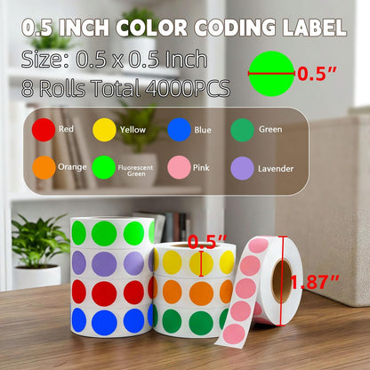 1/2 Inch Round Sticker,4 Rolls 2000Pcs Small Dot Stickers Color-Code Dots