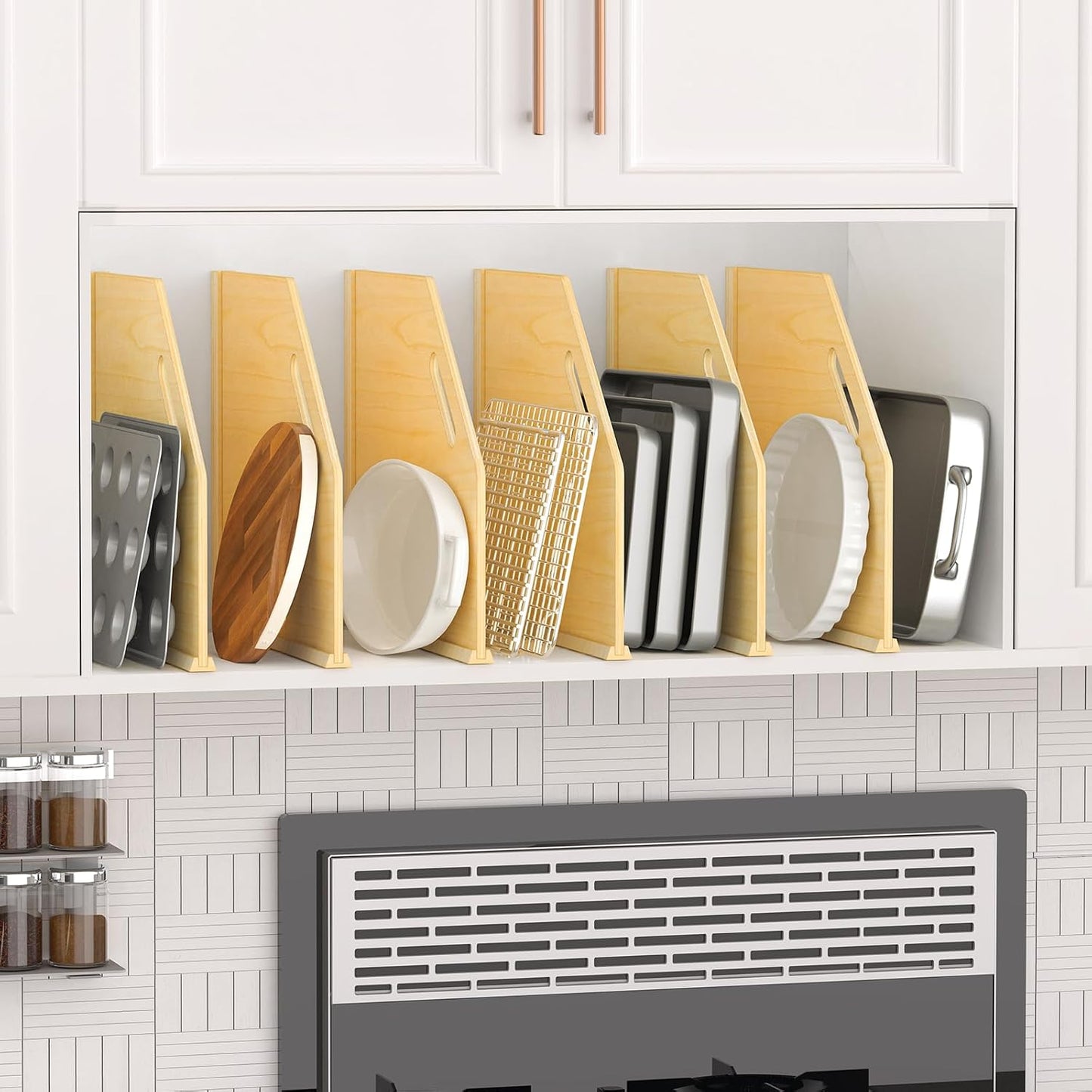 6 Pack Wood Tray Dividers Organizer For Kitchen Cabinet | Adjustable Vertical Cookie Sheet Organizer, Cabinet Dividers Organizer For Pots, Cutting Board, Pans, Lids, Baking Sheets