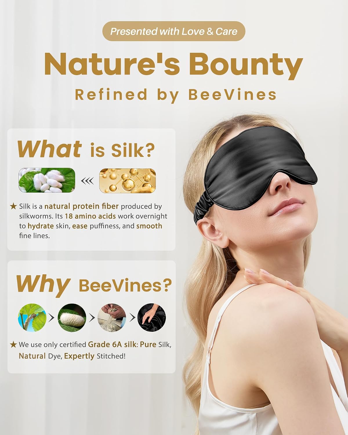 BeeVines 22 Momme Silk Sleep Mask, 3D Contoured Eye Masks for Women (Black) | Luxury 100% Pure Silk Eye Cover for Sleeping, 3D Contoured Eye Shade for Lash Extensions, Zero Eye Pressure & Blackout
