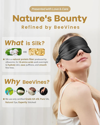 BeeVines 22 Momme Silk Sleep Mask, 3D Contoured Eye Masks for Women (Black) | Luxury 100% Pure Silk Eye Cover for Sleeping, 3D Contoured Eye Shade for Lash Extensions, Zero Eye Pressure & Blackout