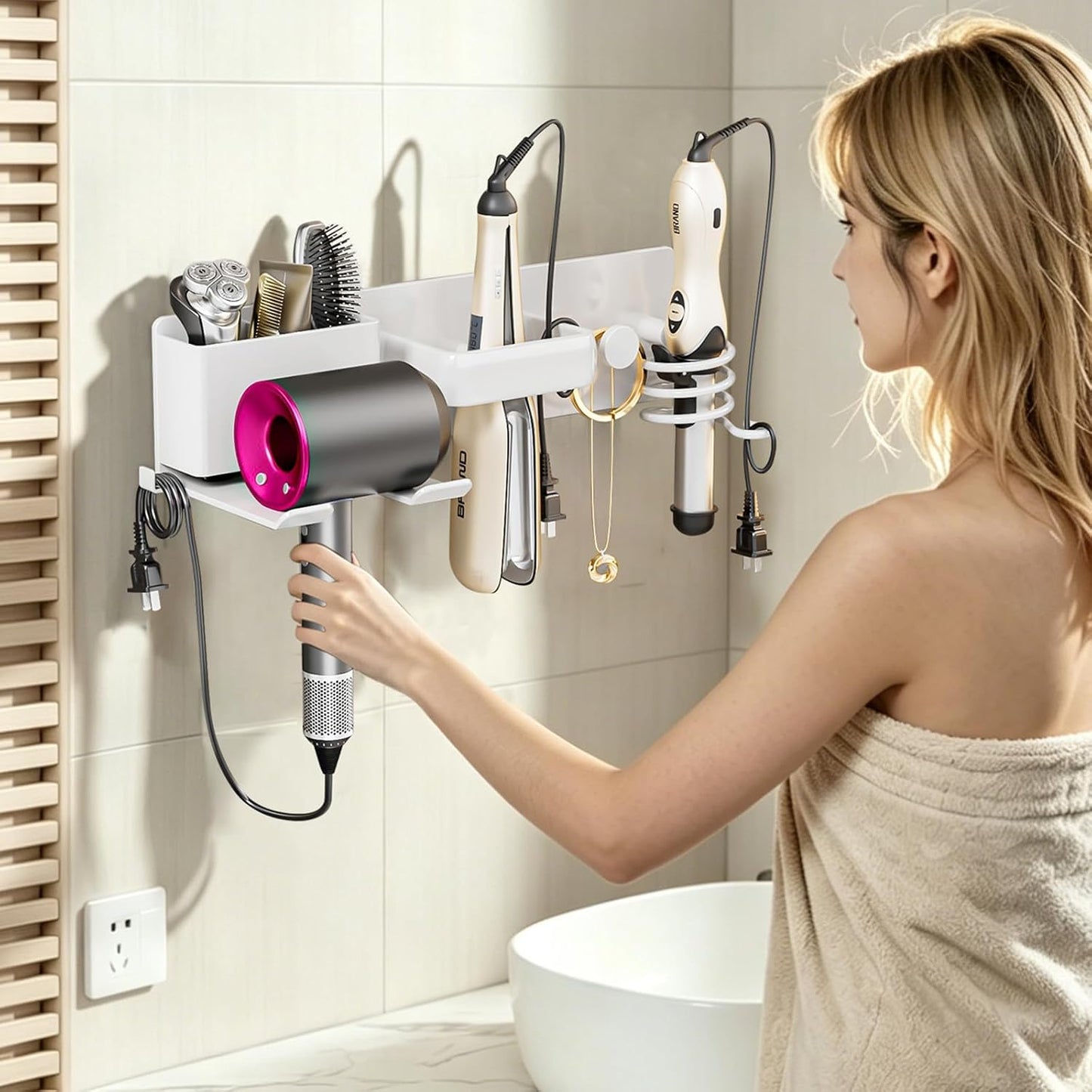 5 in 1 Hair Dryer Holder Hair Tool Organizer Metal Wall Mount (Black) | Curling iron and flat iron storage, Heavy-duty metal rack for styling tools, Cluttered countertops solution for space saving