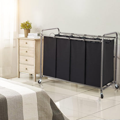 STO STO Laundry Sorter 3 Section, 3 Bag Clothes Hamper, Rolling Laundry Cart Basket with Heavy Duty Lockable Wheels and Removable Bag for Laundry Room, Bedroom, Closet, Black