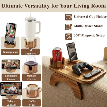 Couch Armrest Table, Acacia Wood Sofa Arm Tray with 360° Rotating Phone & Cup Holder, Clip-On Arm Rest Table for Couch, Anti-Slip Armrest Tray for Snacks & Drinks, 15.4" x 9.8"