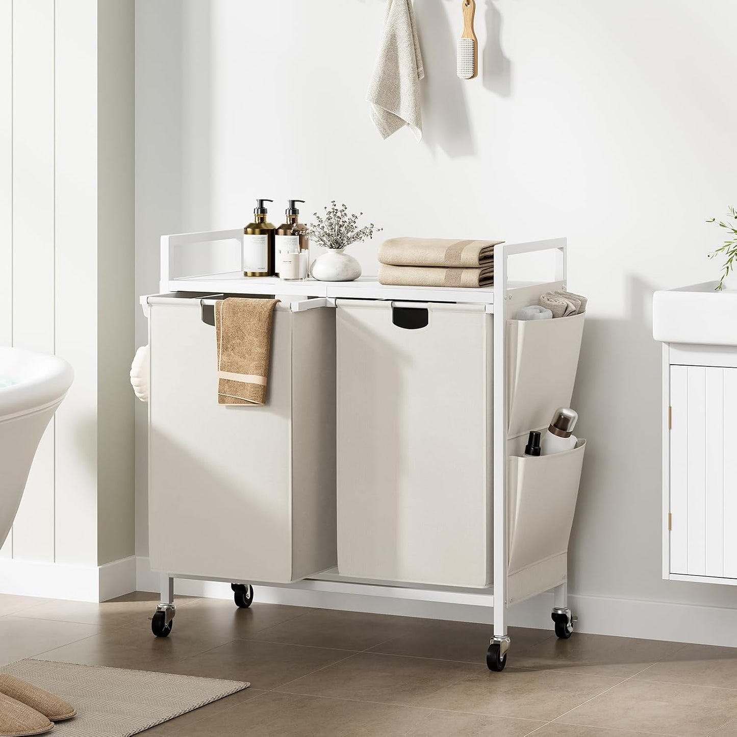 WOWLIVE Double Laundry Hamper with Wheels, Rolling Laundry Basket Organizer | Laundry Hamper 2 section with Lid, Iron-Made Laundry Sorter with Shelf, Removable Bags, Large Clothes Storage, White