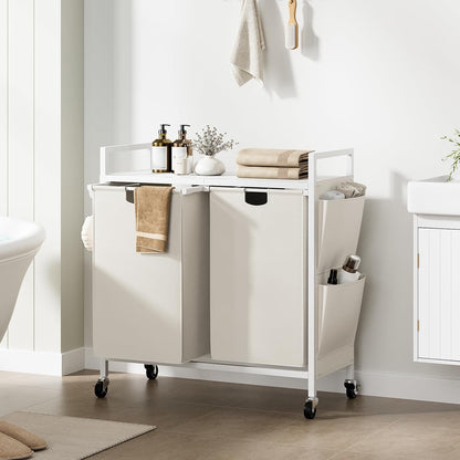 WOWLIVE Double Laundry Hamper with Wheels, Rolling Laundry Basket Organizer | Laundry Hamper 2 section with Lid, Iron-Made Laundry Sorter with Shelf, Removable Bags, Large Clothes Storage, White