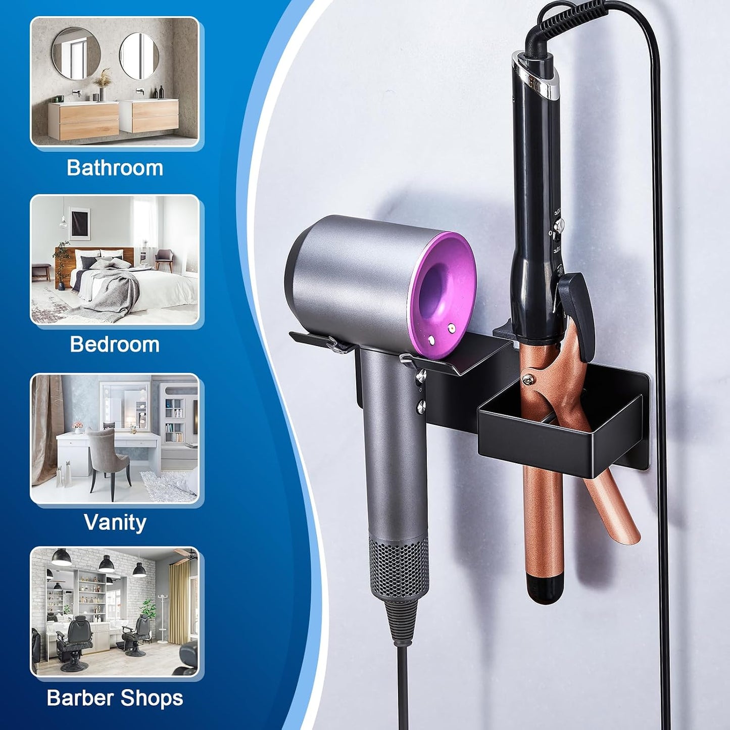 Hair Dryer Holder Wall Mounted, Hair Straightener Holder Metal, Adhesive Blow Dryer and Hair Straightener Holder, Bathroom Bedroom Hair Tool Organizer for Flat Iron,Curling Iron,Hairdryer (White)