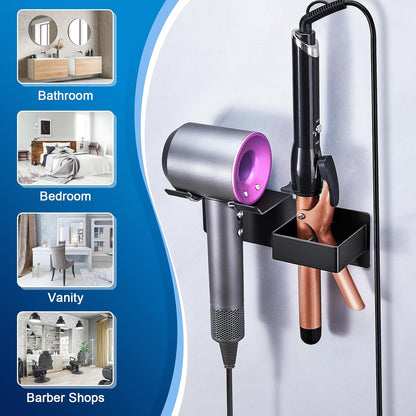 Hair Dryer Holder Wall Mounted, Hair Straightener Holder Metal, Adhesive Blow Dryer and Hair Straightener Holder, Bathroom Bedroom Hair Tool Organizer for Flat Iron,Curling Iron,Hairdryer (White)