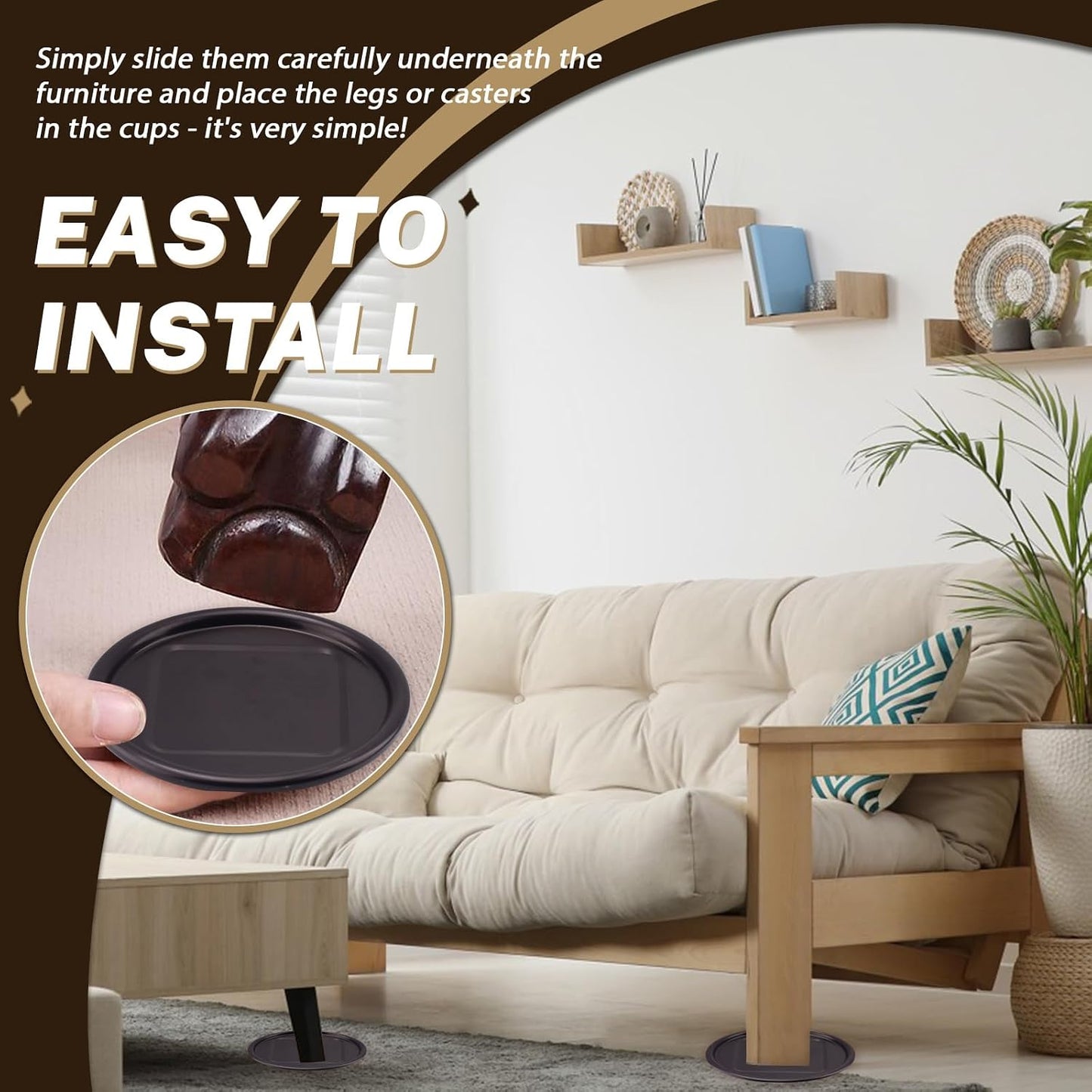ASTIMESA 8 Pieces 3" Square Furniture Sliders, Heavy Duty Furniture Pads Cups with Carpet Base, Reusable Floor Protectors for Hardwood Vinyl Tile Couch Table Chair Bottom (Brown) (78mm, Square)