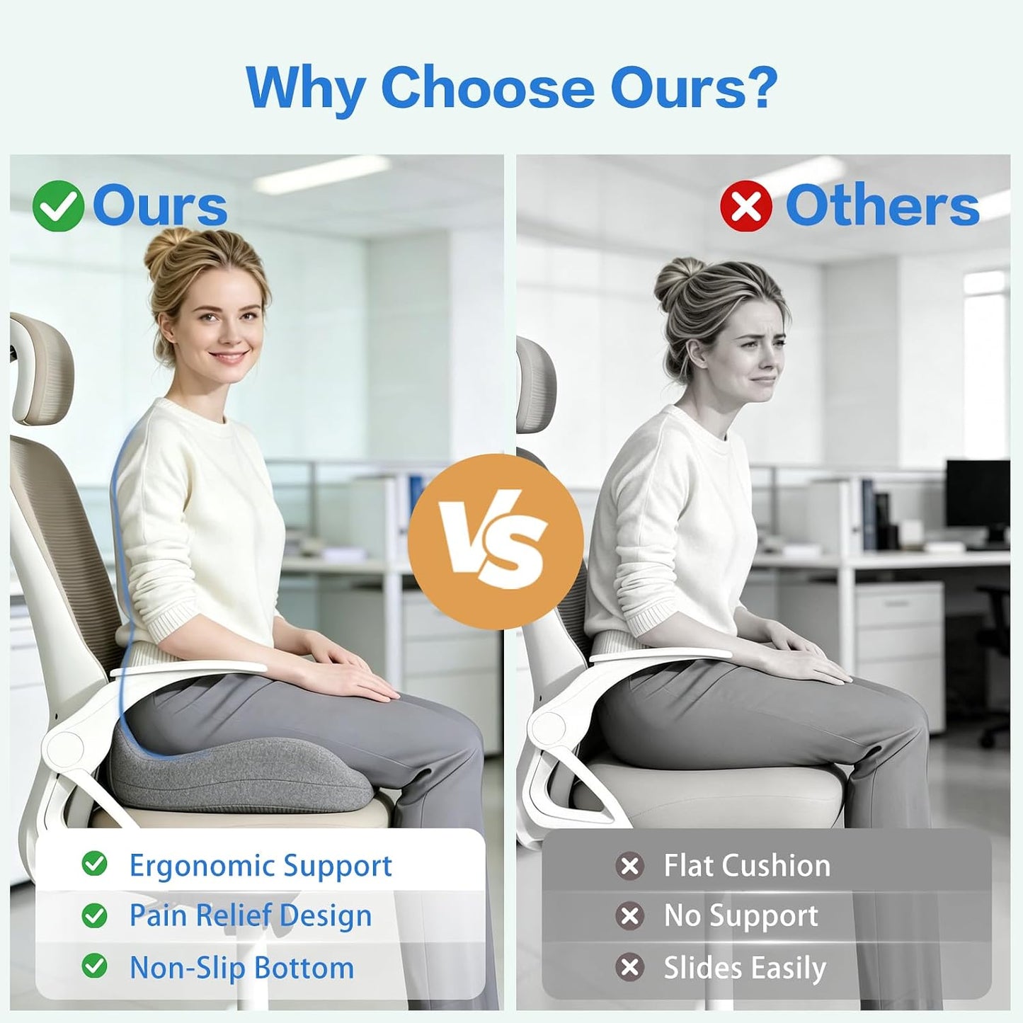Memory Foam Seat Cushion for Sciatica & Tailbone Pain Relief – Comfort Support for Office Chair, Car Seat, Airplane, Long Sitting Workers & Drivers (Black)
