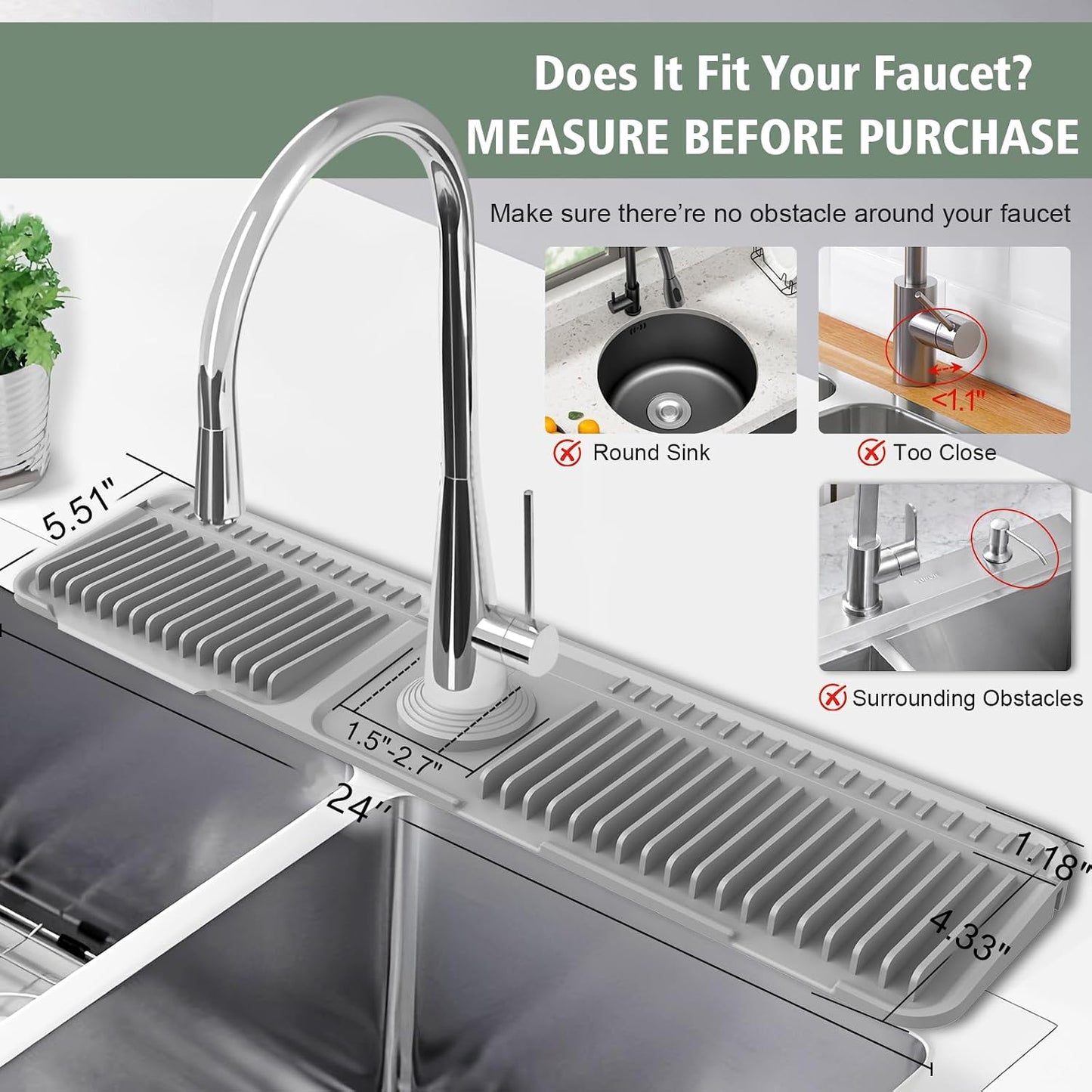 17.7-Inch Kitchen Sink Splash Guard Mat | 7° Slope for Fast Self-Draining | Snap-Lock Design | Universal & Cuttable Silicone Faucet Mat Gray