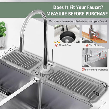 17.7-Inch Kitchen Sink Splash Guard Mat | 7° Slope for Fast Self-Draining | Snap-Lock Design | Universal & Cuttable Silicone Faucet Mat Gray
