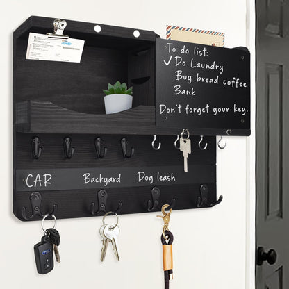 Key Holder for Wall Mount with Shelf and Mail Organizer, Key and Mail Holder with 16 Hooks, Farmhouse Entryway Organizer, Home Decor Rack (Pine Wood, White Washed)