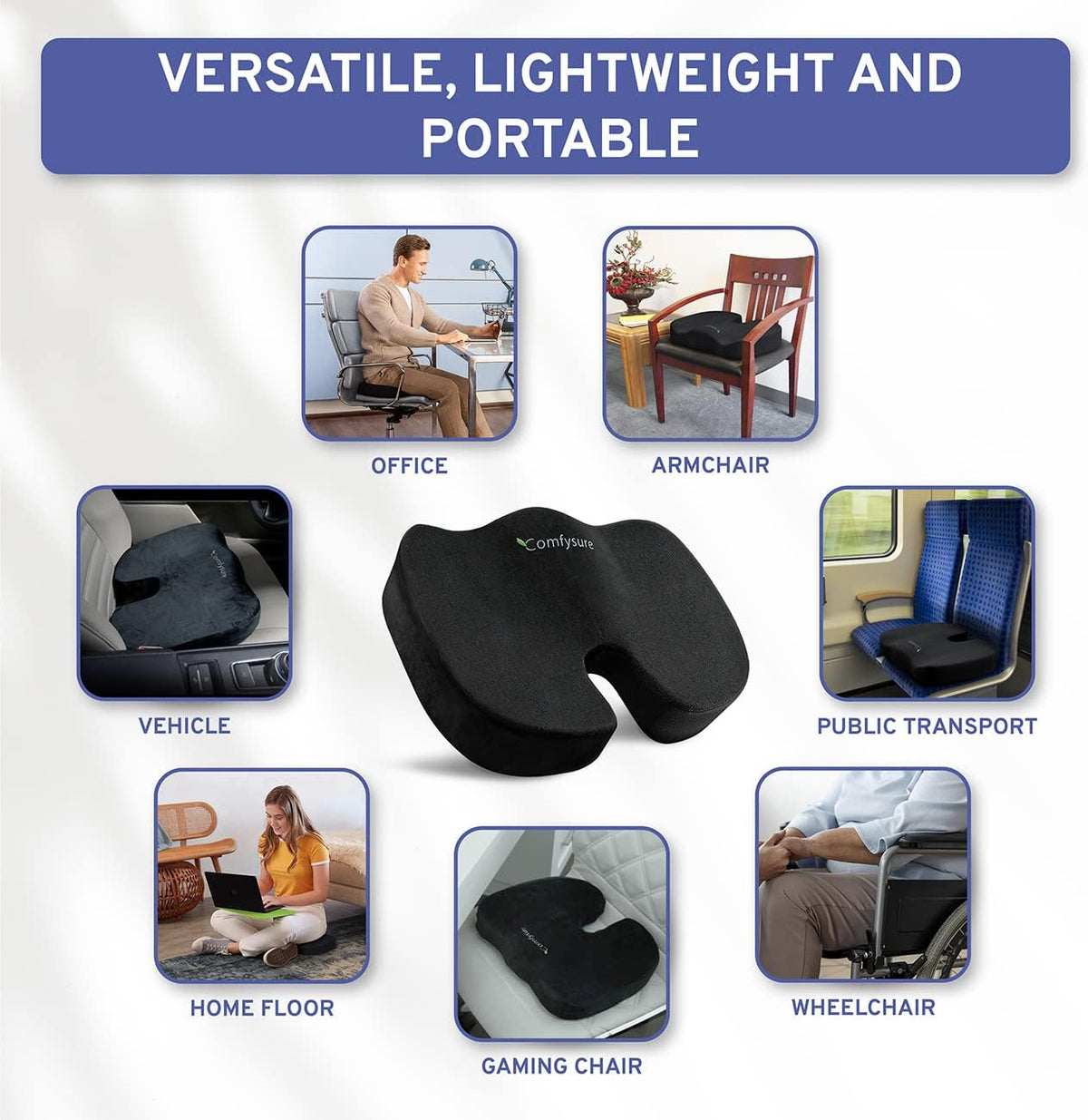 Memory Foam Seat Cushion - Tailbone Pain Relief Cushion, Non-Slip Sciatica Pain Relief Pillow - Cushion for Office Chair, Car, Wheelchair, Computer, Desk Chair - Coccyx, Lower Back Support (Navy)