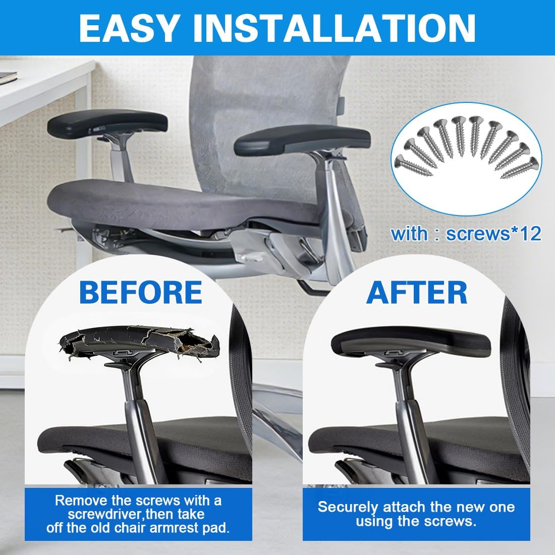 Arm Pads Caps Replacement for Knoll Life Office Chair,Chair Armrest Pads, with 12 mounting Screws（Black）