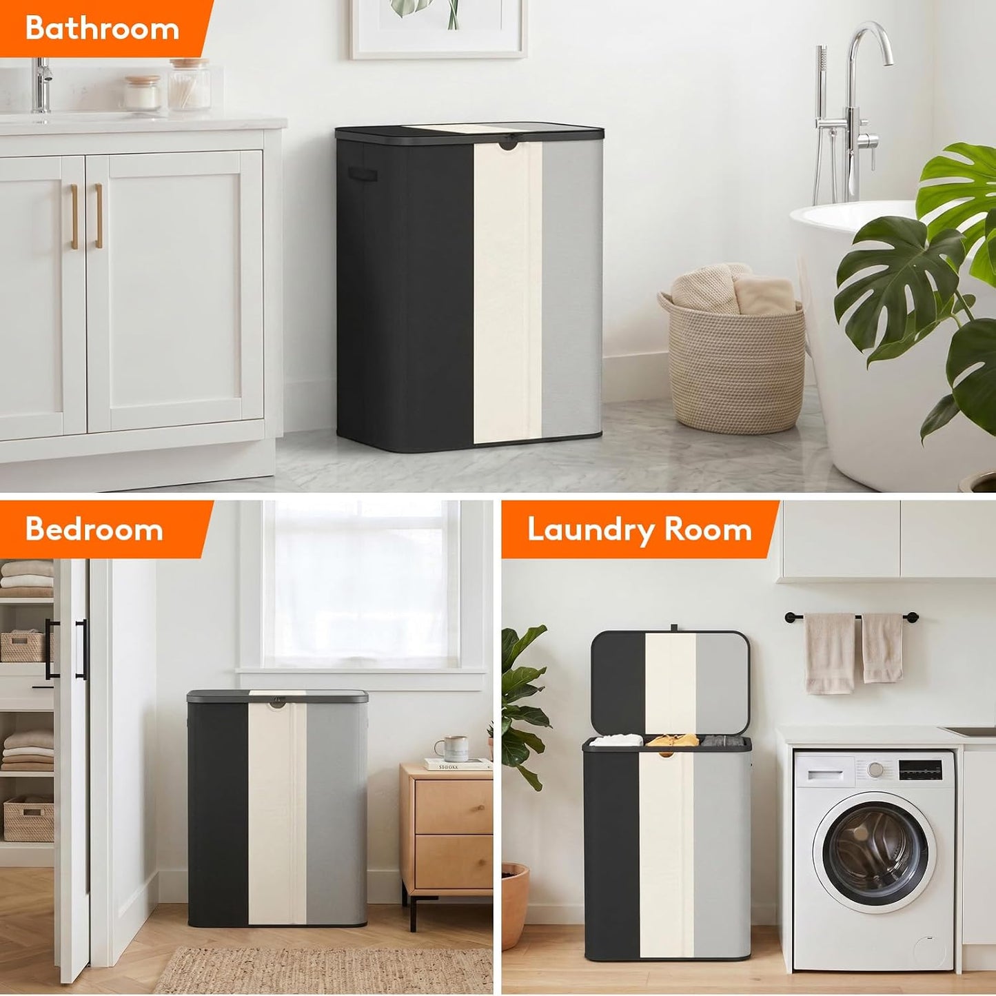 Lifewit 185L 3 Section Laundry Hamper with Lid, Laundry Basket, Beige | Large Foldable Laundry Sorter with 3 Removable Bags, Tall Clothes Hamper for Bedroom and Bathroom