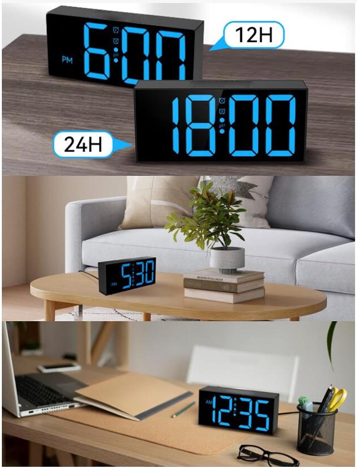 Zyyini Extra Loud Alarm Clock with Bed Shaker for Heavy Sleeper and Deaf Hearing Impaired, Dual Alarm, 7.4 Inch Mirror LED Display, Dimmer, 12/24H, Snooze