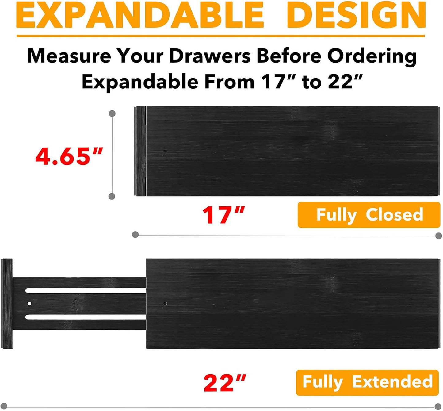 SpaceAid Bamboo 4 Pack Dresser Drawer Dividers, 4.65“ High Adjustable 12.5“-17” Drawer Organizers, Expandable Organization for Clothing, Clothes, Dressers, Black