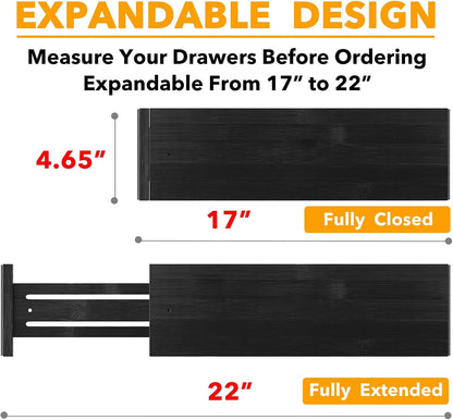 SpaceAid Bamboo 4 Pack Dresser Drawer Dividers, 4.65“ High Adjustable 12.5“-17” Drawer Organizers, Expandable Organization for Clothing, Clothes, Dressers, Black