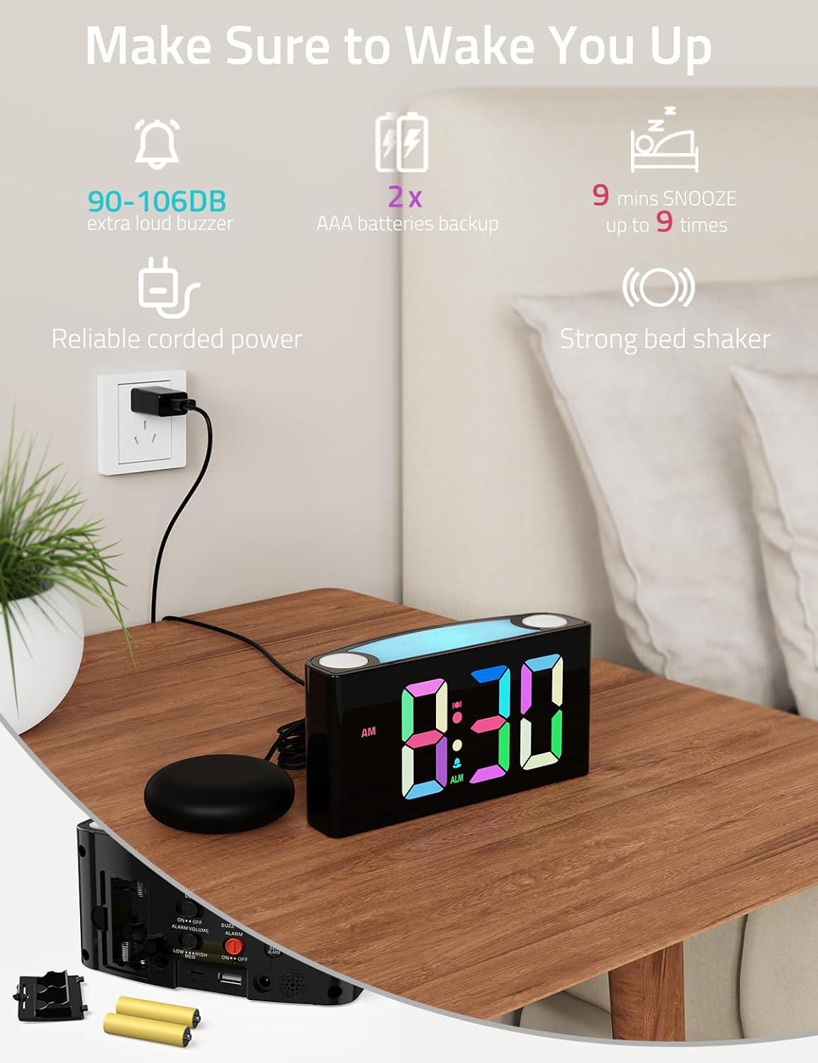 Mesqool Vibrating Alarm Clock with Bed Shaker for Heavy Sleepers | Powerful vibration and buzzer with 3 wake modes, RGB display, night light, dual USB charging, and battery backup