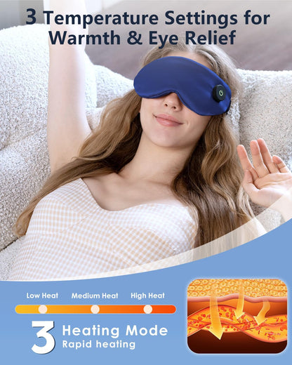 Heated Eye Mask for Dry Eyes – Cordless Warm Eye Compress, 100% Mulberry Silk Sleep Mask with Graphene Heating, 3 Heat Levels and Auto Shut-Off, Rechargeable and Washable Blue