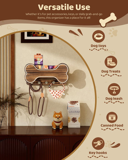 MTERSN Dog Leash Holder for Wall with Key Hooks for Dog Gear Storage, Brown | 3D Puppy Paw Hooks, Doggie Bone Shape, Key Rack with 5 Hooks, Wall Shelf for Treats & Dog Food, Ideal for Wall Decor