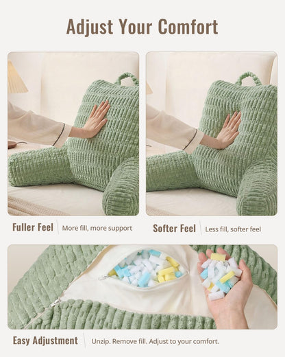 Blissful Diary Reading Pillow, Backrest Pillow with Shredded Memory Foam for Adult & Children, Designed for Bed and Couch Sitting Up, Includes Arms, Pockets and Washable Cover, Off White