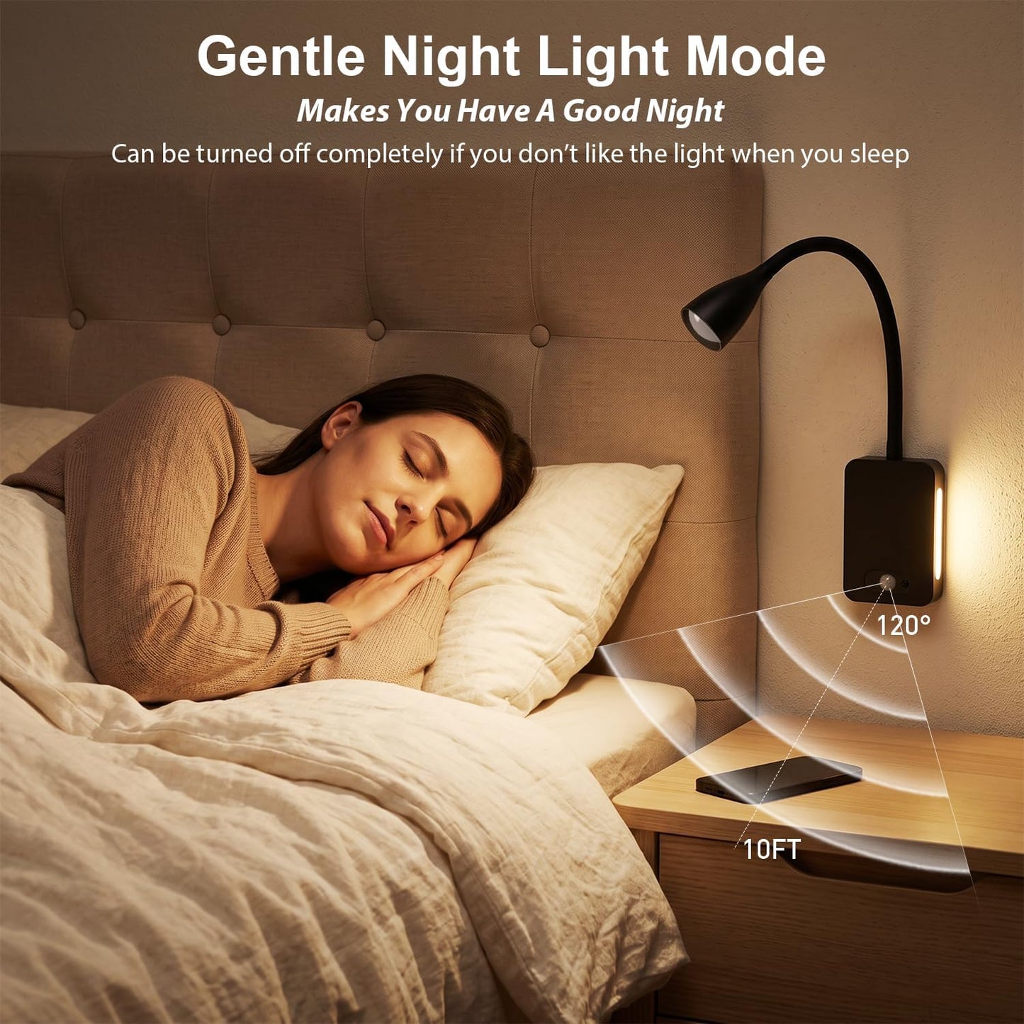 LED Wall Mounted Reading Light,4000mAh Bedside Wall Lamp with Remote Control & Motion Sensor,Book Light for Reading in Bed,3 Color Temps,Dimmable & Timers,360° Flexible Gooseneck Night Light,Black
