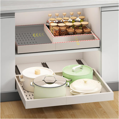 Fokyfok Pull Out Cabinet Organizer,23"-31"W,17"-24"D,Expandable,Adhesive | No Drill,5 Rails,Adjustable Slide out Drawers for Kitchen,Pantry,Roll out Shelves,Cabinets Without Lip,Framless,White,1PC