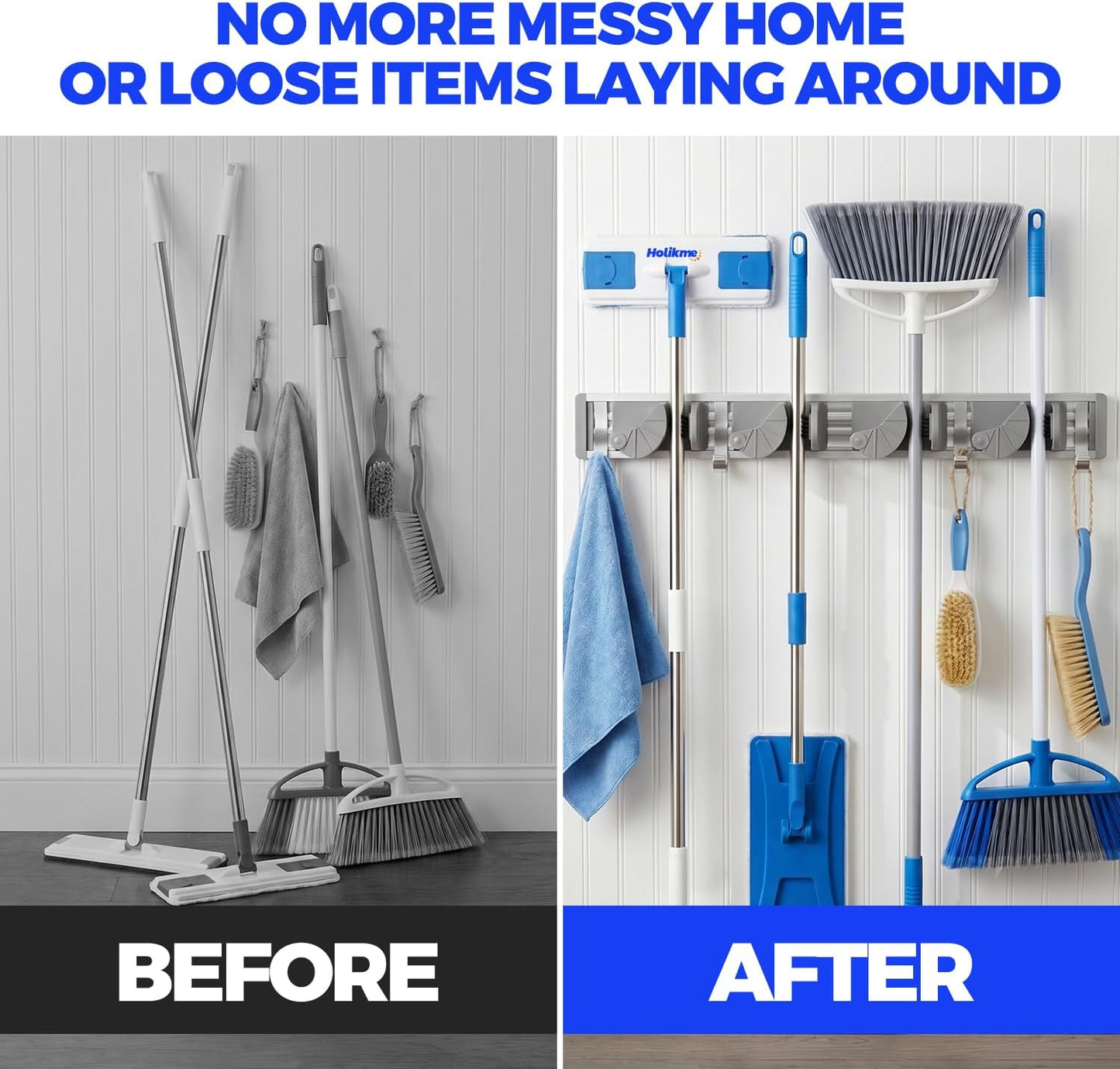Holikme Mop Broom Holder Wall Mount Metal Pantry Organization and Storage Garden Kitchen Tool Organizer Wall Hanger for Home Goods (4 Positions with 4 Hooks, Silver)