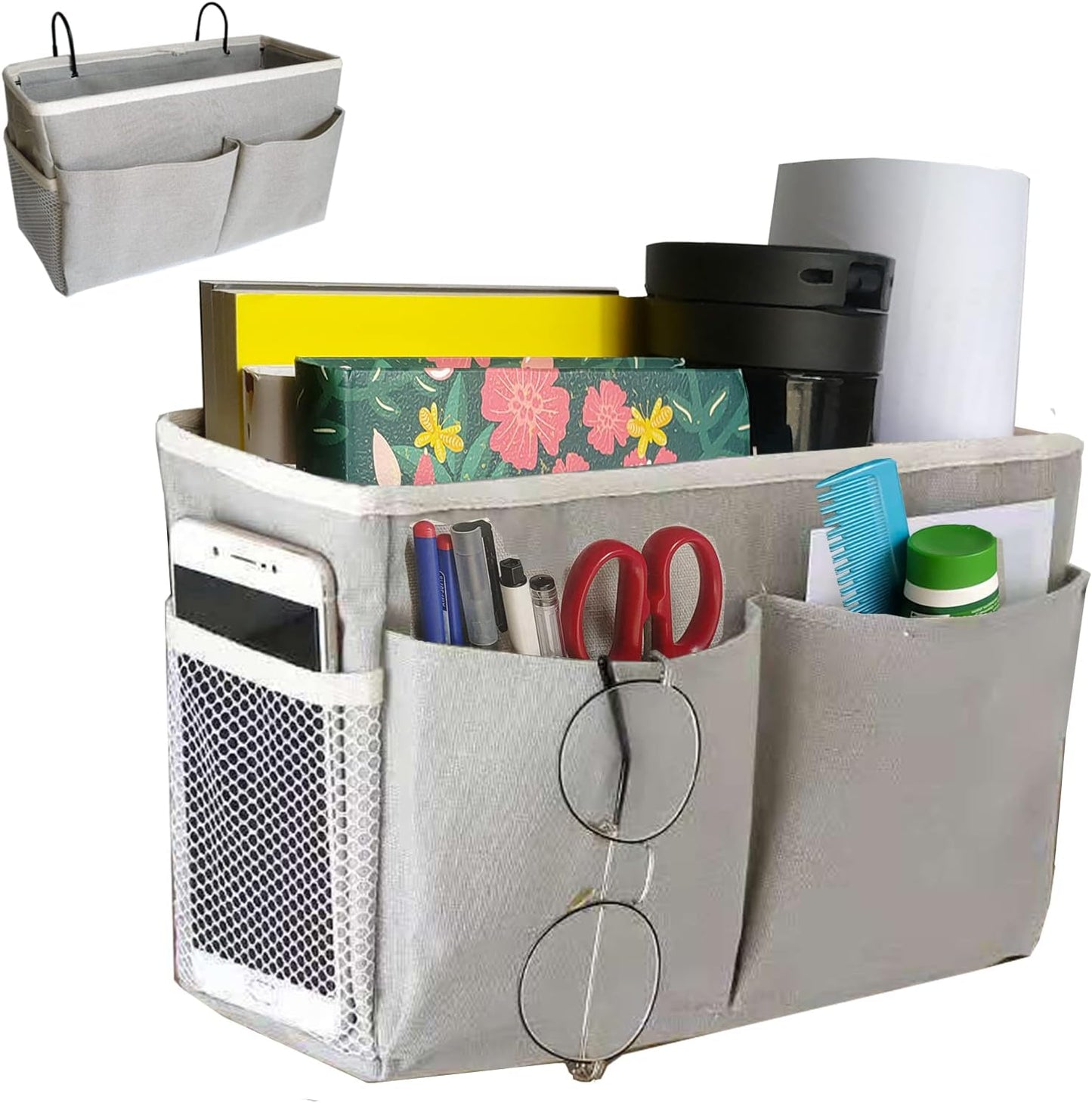 Bedside Caddy Bedside Hanging Storage Basket Multi-Function Organizer Caddy for Bunk and Hospital Beds Dorm Rooms Bed Rails, Can be Placed Glasses Books Mobile Phones（Navy Blue）