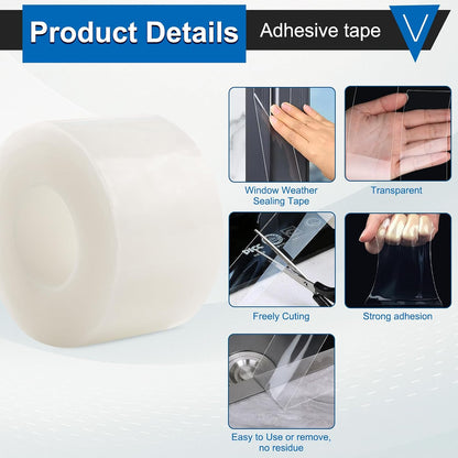 Window Weather Sealing Tape 2 Inch x 33 FT Weather Stripping Residue-Free Clear Window Draft Isolation Sealing Film Caulk Tape for Doors and Shower Glass Gaps Bathroom