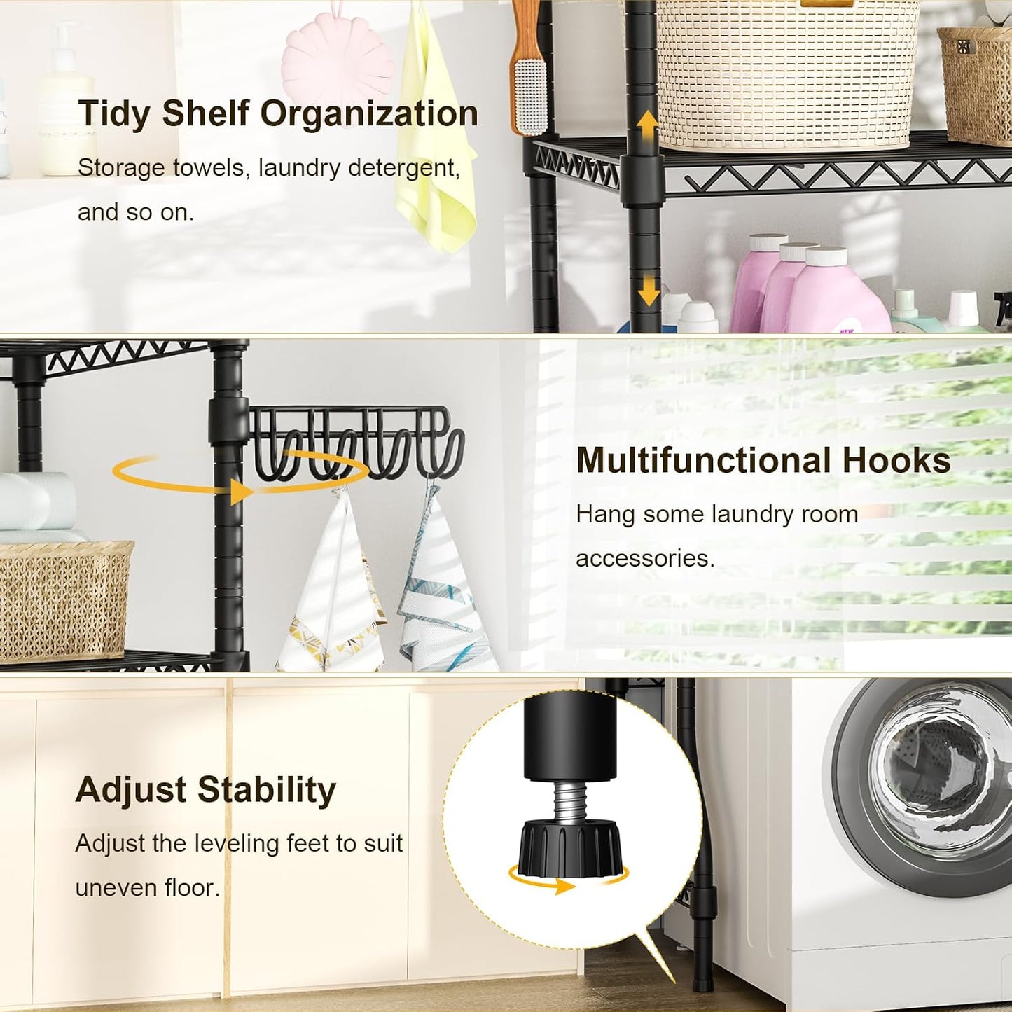 U8 Medium Laundry Room Storage Organizer, Over the Washer and Dryer Storage Shelves for Laundry Organization, 32.3”W x 17.3”D x 76.2”H, Suit Washing Machine Width within 29.9”, Hold 304 lb, Black