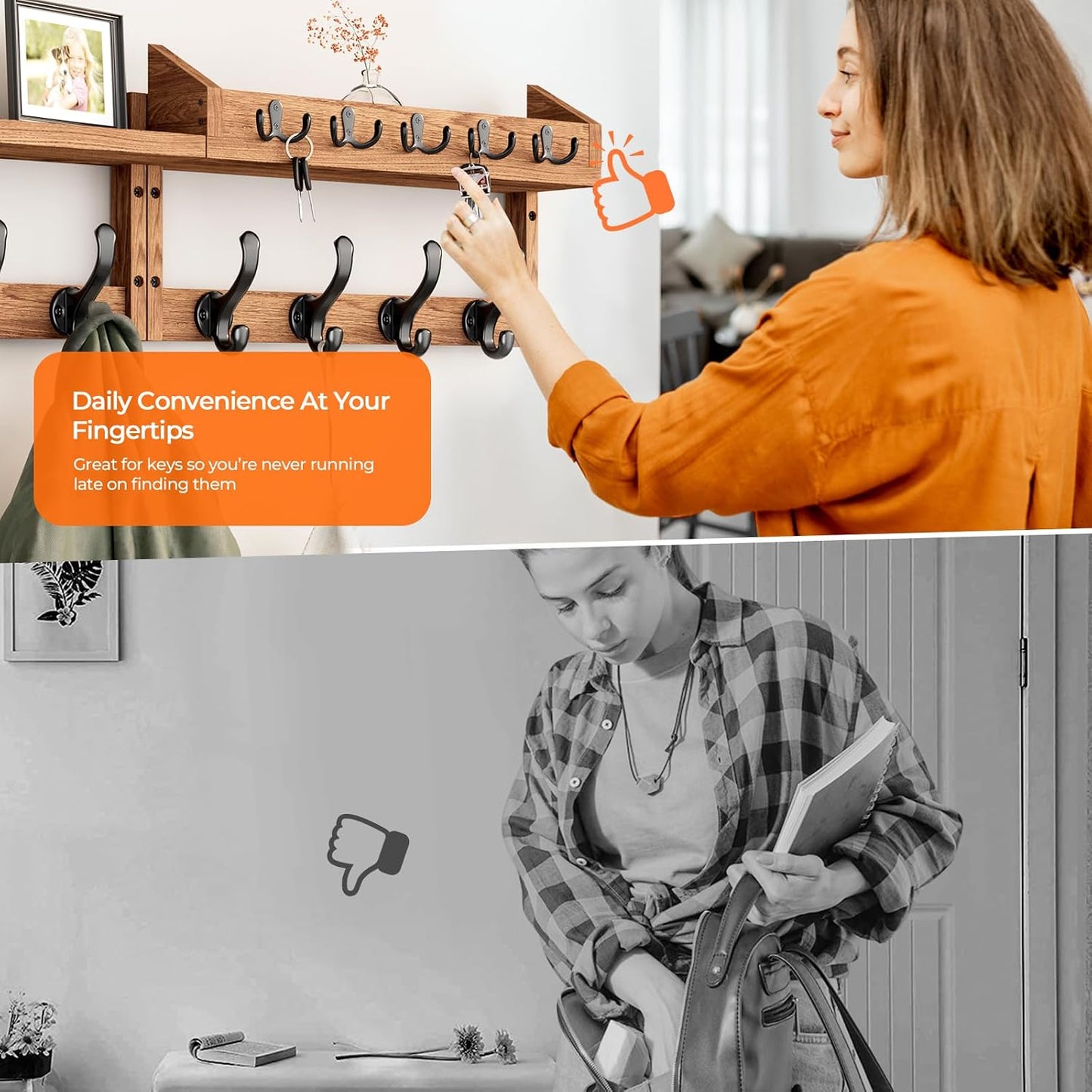 Evermagin 29" Coat Rack Wall Mount with Shelf & 11 Hooks, Entryway, Black | Wooden Wall Mounted Coat and Key Rack with Hooks, Key Hanger with Mail Holder for Living Room, Mudroom, Bedroom