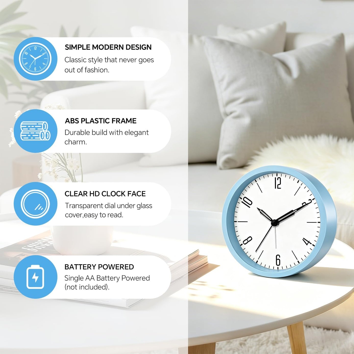 Silent Analog Loud Alarm Clock for Bedrooms, 4.5" Battery Operated Alarm Clock with Modern Round Design, Plastic Small Desk Clock for Heavy Sleepers Adults Teens Seniors College Dorms, Green