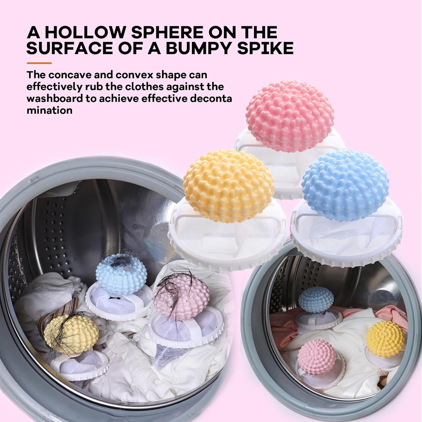 3-Pack Pet Hair Remover for Laundry, Floating Mesh Washing Machine Catchers | Reusable floating mesh catchers help collect loose pet hair and lint during washing; includes yellow, pink and blue pieces.