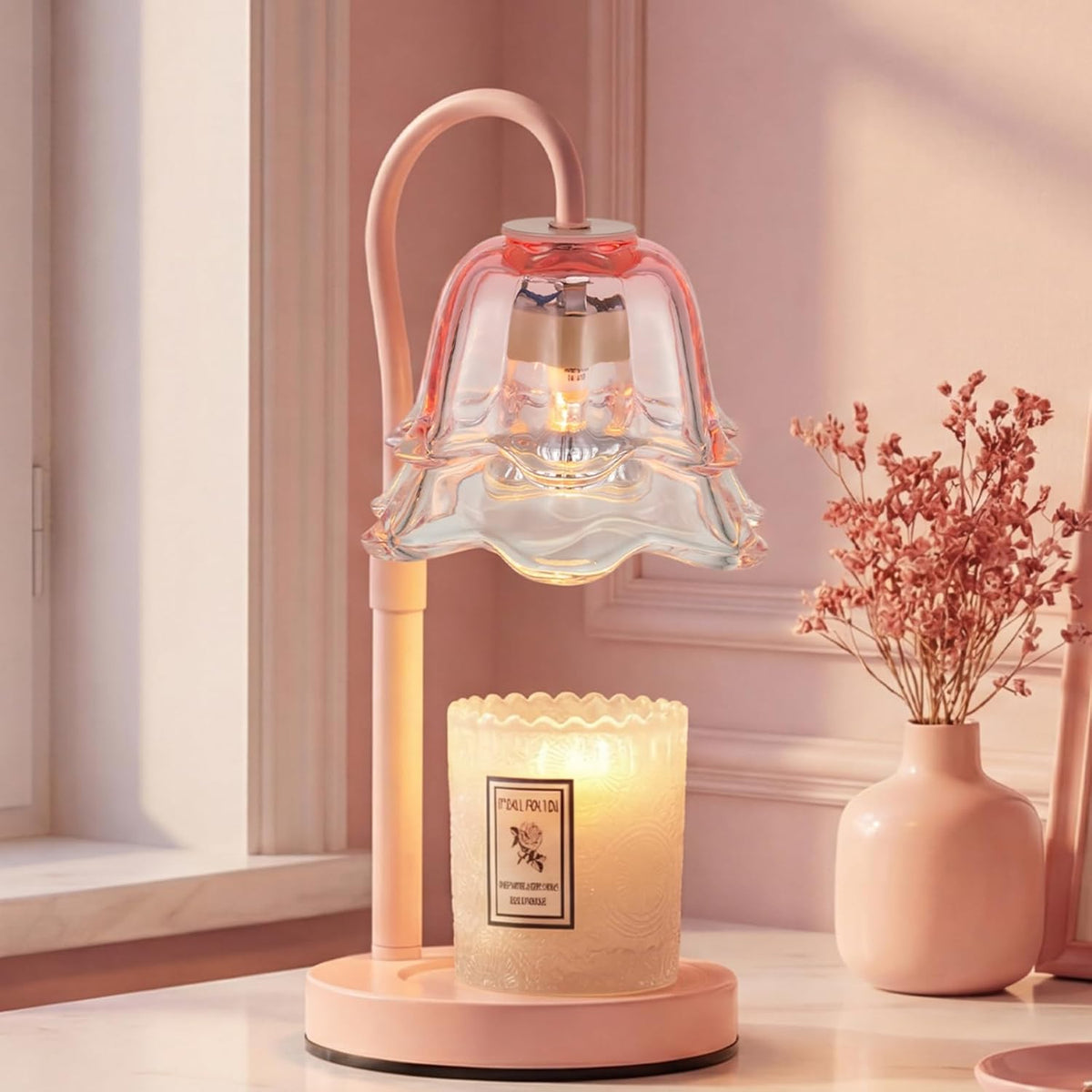 Candeldo Candle Warmer Lamp with Timer, Gold Flower Glass Shade