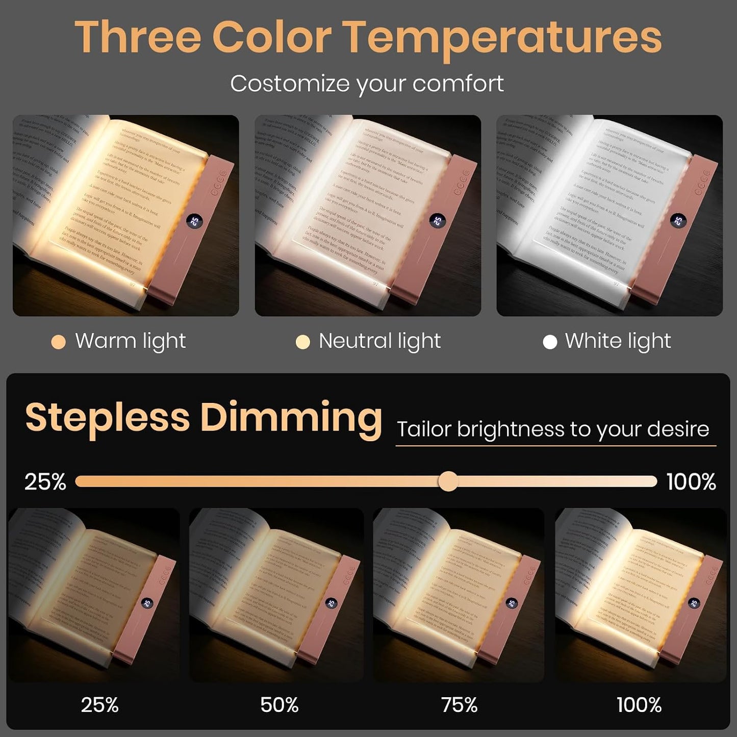 LED Book Light, 3 Color Temps & Stepless Dimming, Night Reading with Timer | 2-In-1 Rechargeable Clear LED Flat Reading Light and Night Light. Perfect for Night Reading and Bookish Gifts(Black)