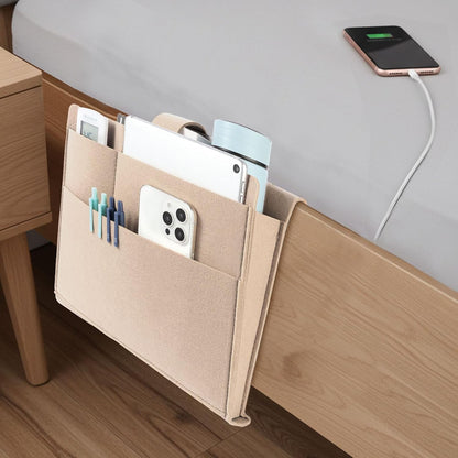 Seefoo Bed Caddy Organizer, Bunk Bed Shelf Caddy with 4 Pockets Grey | Easy Storage, Magazine Holder, Sturdy Bedside Organizer, Strong-Grip Loop Tape Sticky, for Bed, Bunk, Dorm, Sofa