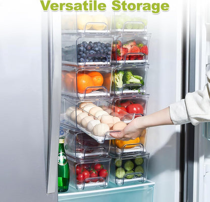 4-Pack Refrigerator Drawer Organizer Bins, Clear Stackable Pull Out Fridge Organizers and Storage Container, with Strainer Layer for Fruits, Vegetables, Drinks, Snack and Food