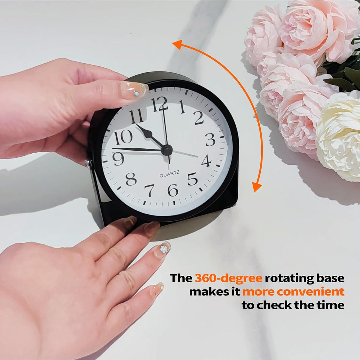 Desk Alarm Clock, Silent Non-Ticking Battery Operated Analog, Black