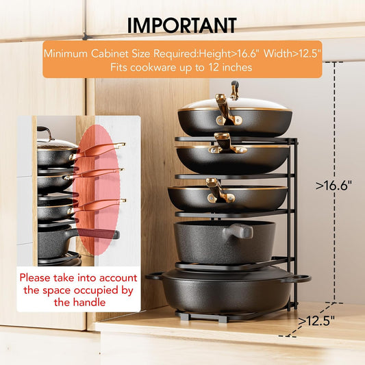 5-Tier Pot and Pan Organizer 13.6", No Assembly Cookware Rack 1-Pack | One-piece Design, Multi-height Layered,Anti-Tip Structure, Dual Vertical & Horizontal Use, Fits Cast Iron Pans & Dutch Ovens