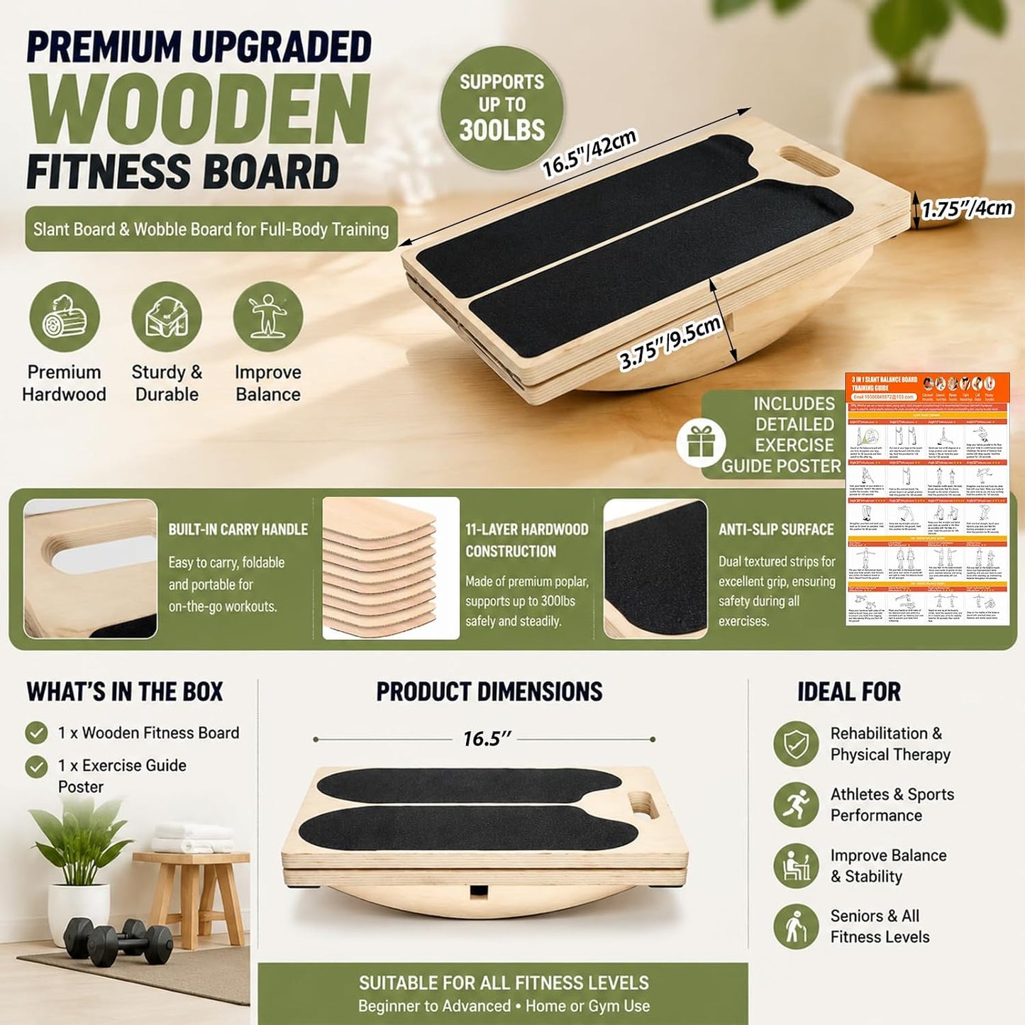 3-in-1 Slant Board Calf Stretch Balance Board | 6 Angle Adjustable, 180/360° Rotate, Anti-Slip 300lbs Capacity, Training Poster for Therapy, Core & Standing Desk Workout
