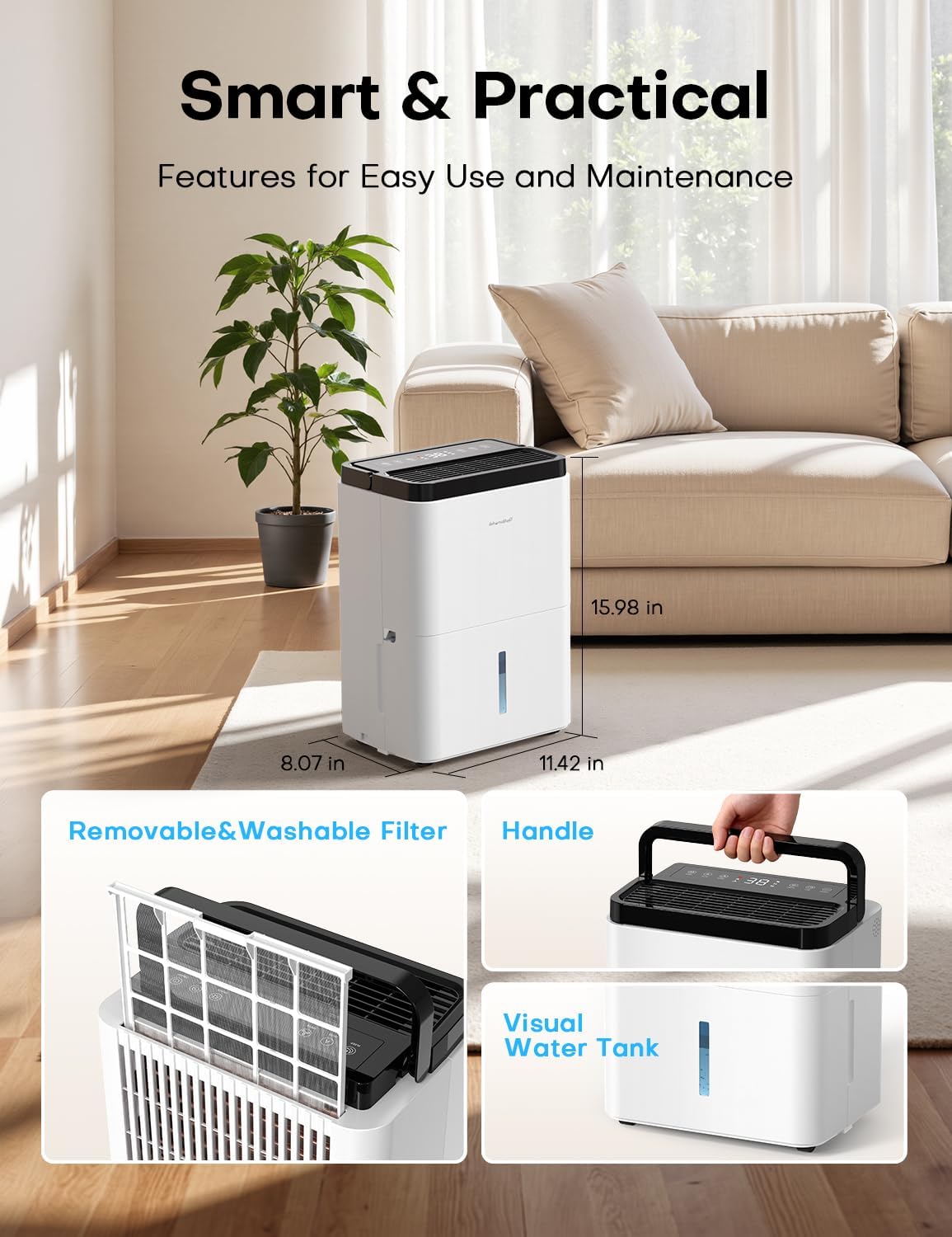 Small Dehumidifier,35OZ,25dB Quiet for Bedroom Bathroom Closet | 350 Sq.Ft, Energy Saving, Auto Defrost, Auto Shut-off, Colorful lights, for Wardrobe Office & RV, White